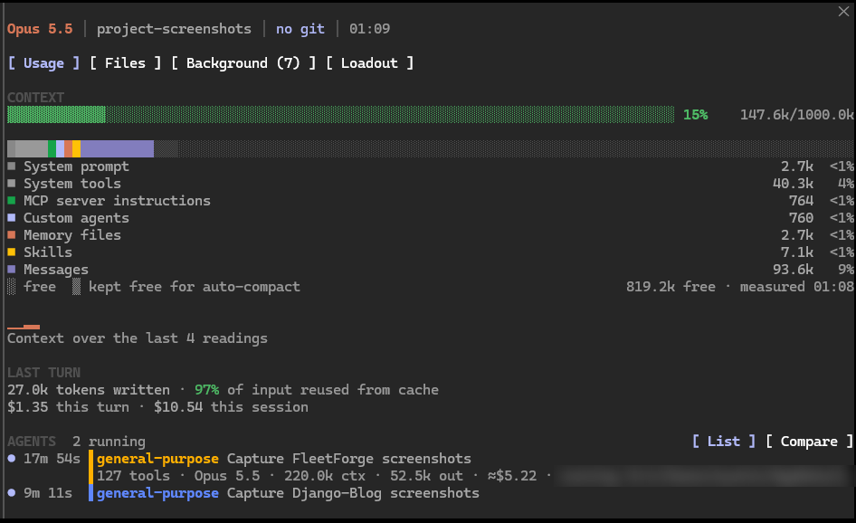 DevLab HUD Usage tab: a context-window bar, token breakdown by source, last-turn cache reuse and cost, and two running subagents.