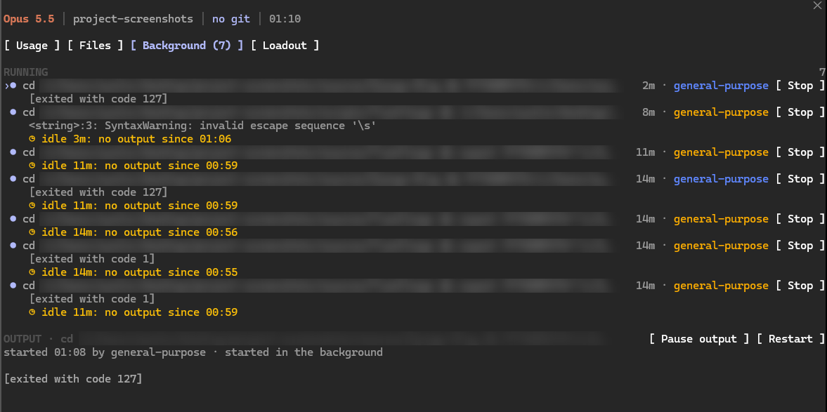 DevLab HUD Background tab: seven shell processes with run time, owning subagent, idle warnings, exit codes and Stop and Restart controls.