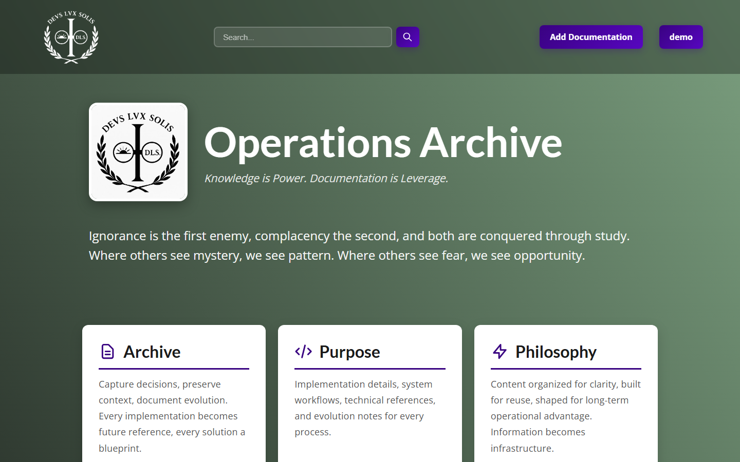 Django Blog home page, styled as Operations Archive: crest logo, search bar, Add Documentation button and Archive, Purpose and Philosophy cards.