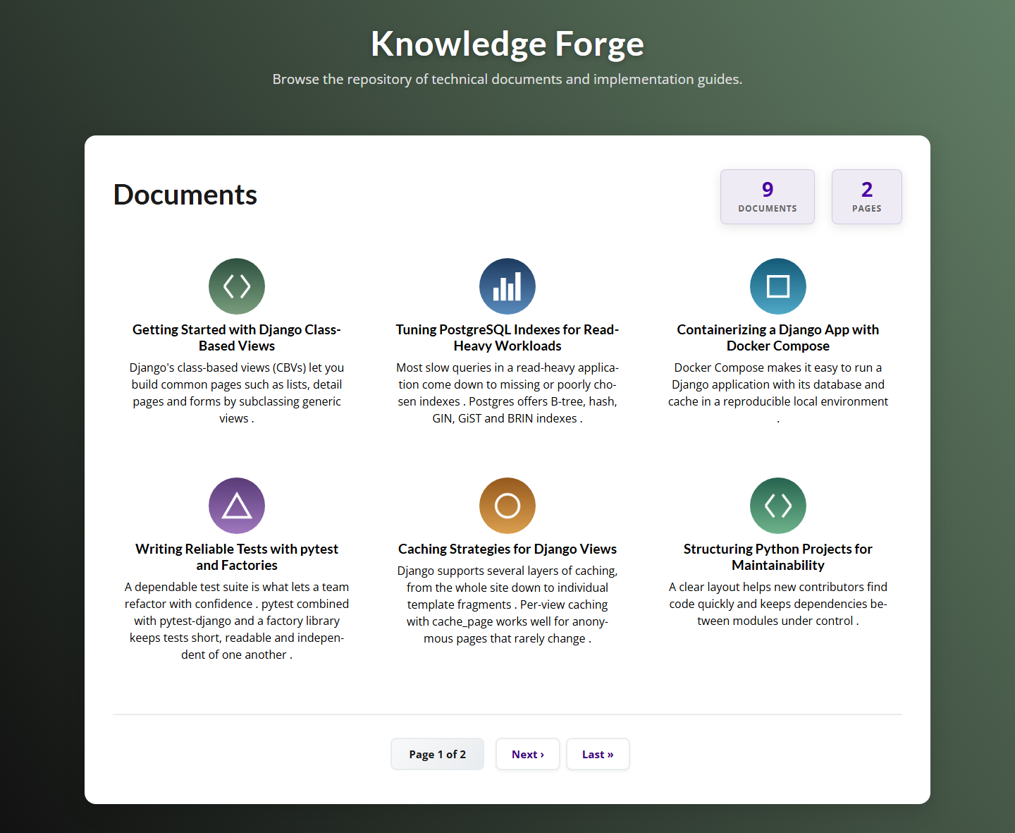 Document library titled Knowledge Forge: a paged grid of six sample technical posts, each with an icon, title and generated excerpt.