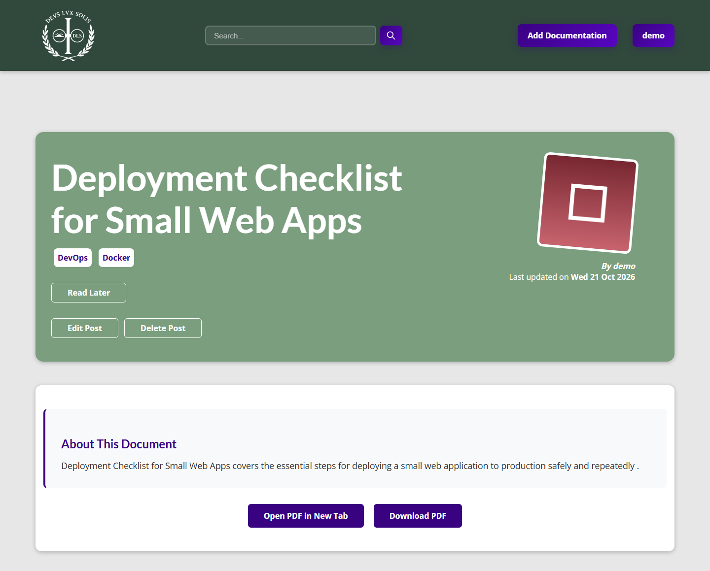 Post page for Deployment Checklist for Small Web Apps: DevOps and Docker tags, edit and delete buttons, a generated summary and PDF open and download.