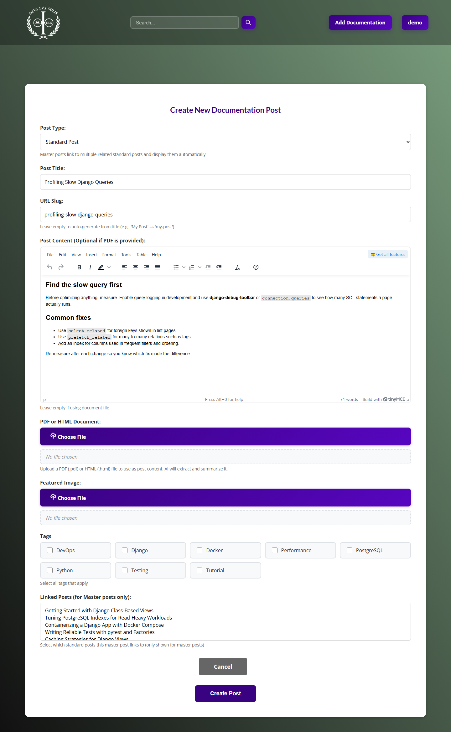 Create New Documentation Post form: title, slug, TinyMCE editor with a sample article, PDF and featured-image uploads, tag checkboxes and linked posts.