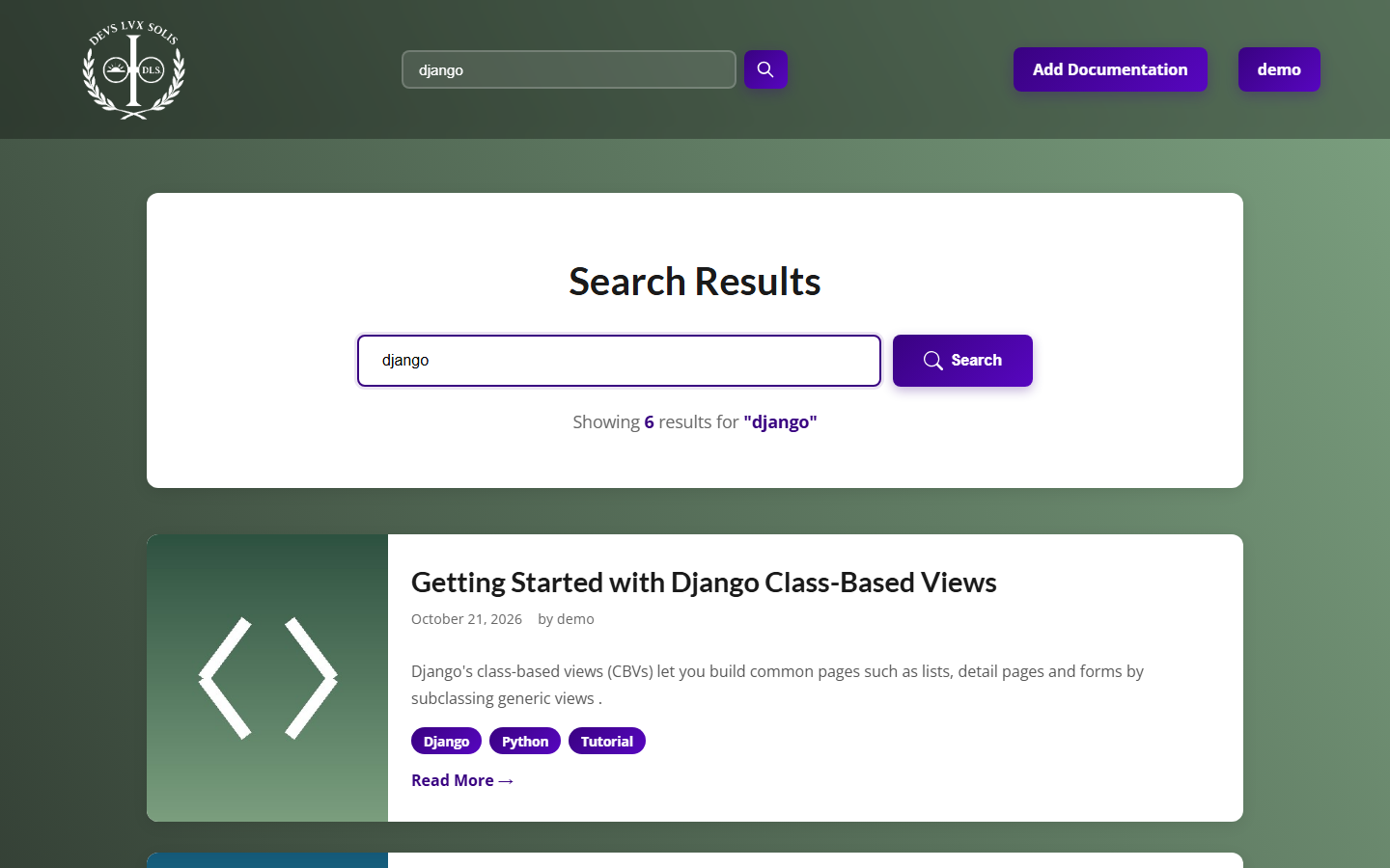 Search results for django: six matching posts, the first showing its title, date, author, excerpt, Django, Python and Tutorial tags and Read More link.