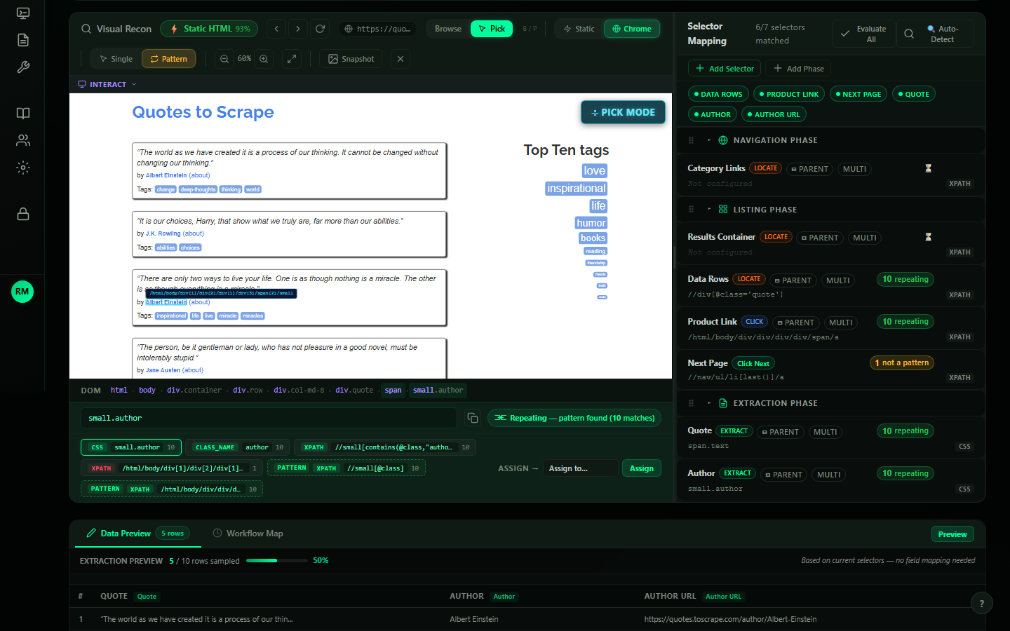 FleetForge Visual Recon: a quotes demo site beside the selector map, an author element picked, CSS and XPath candidates and a data preview.