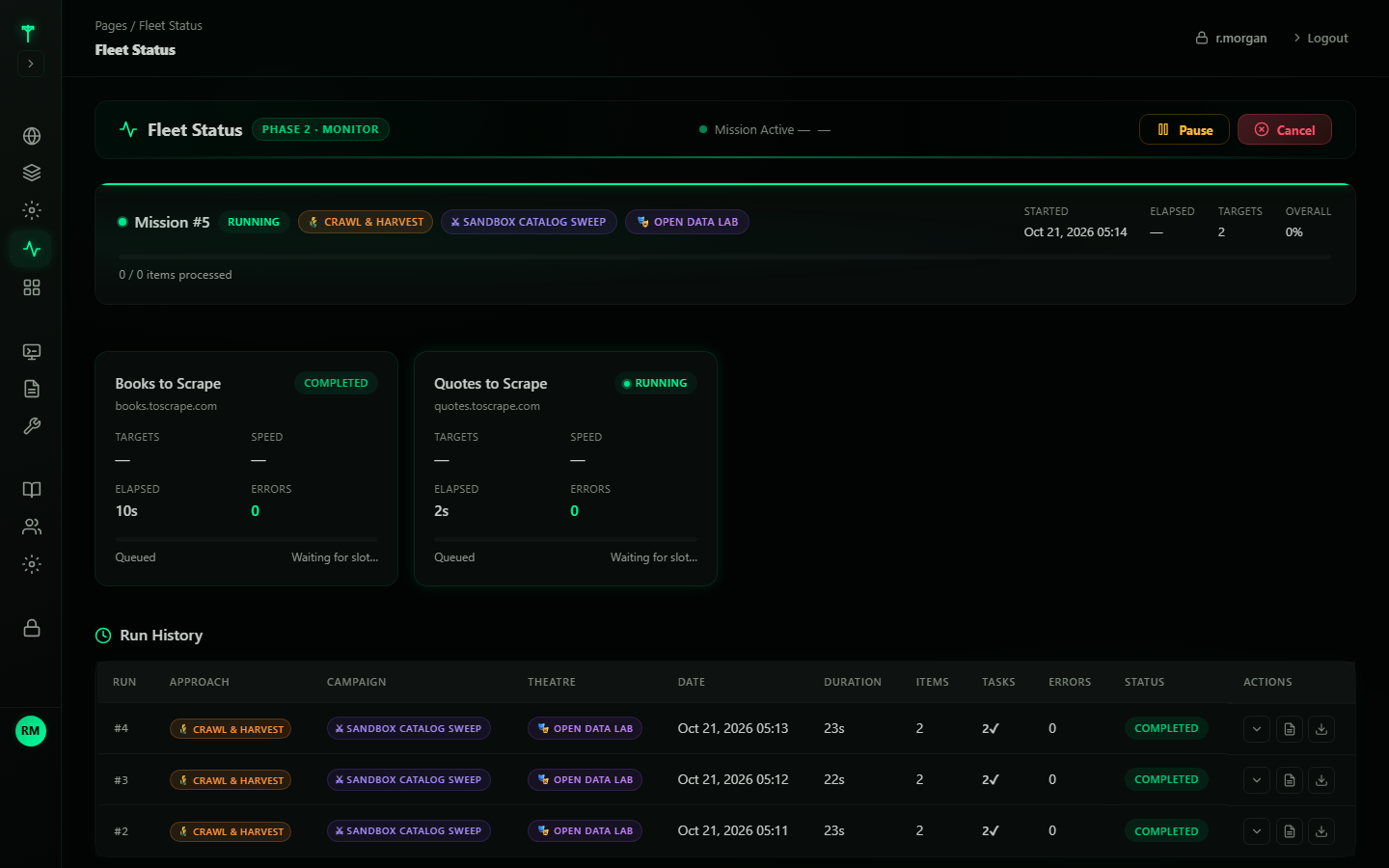 FleetForge Fleet Status: a running mission with two demo targets, one completed and one running, above a run history of completed runs with no errors.