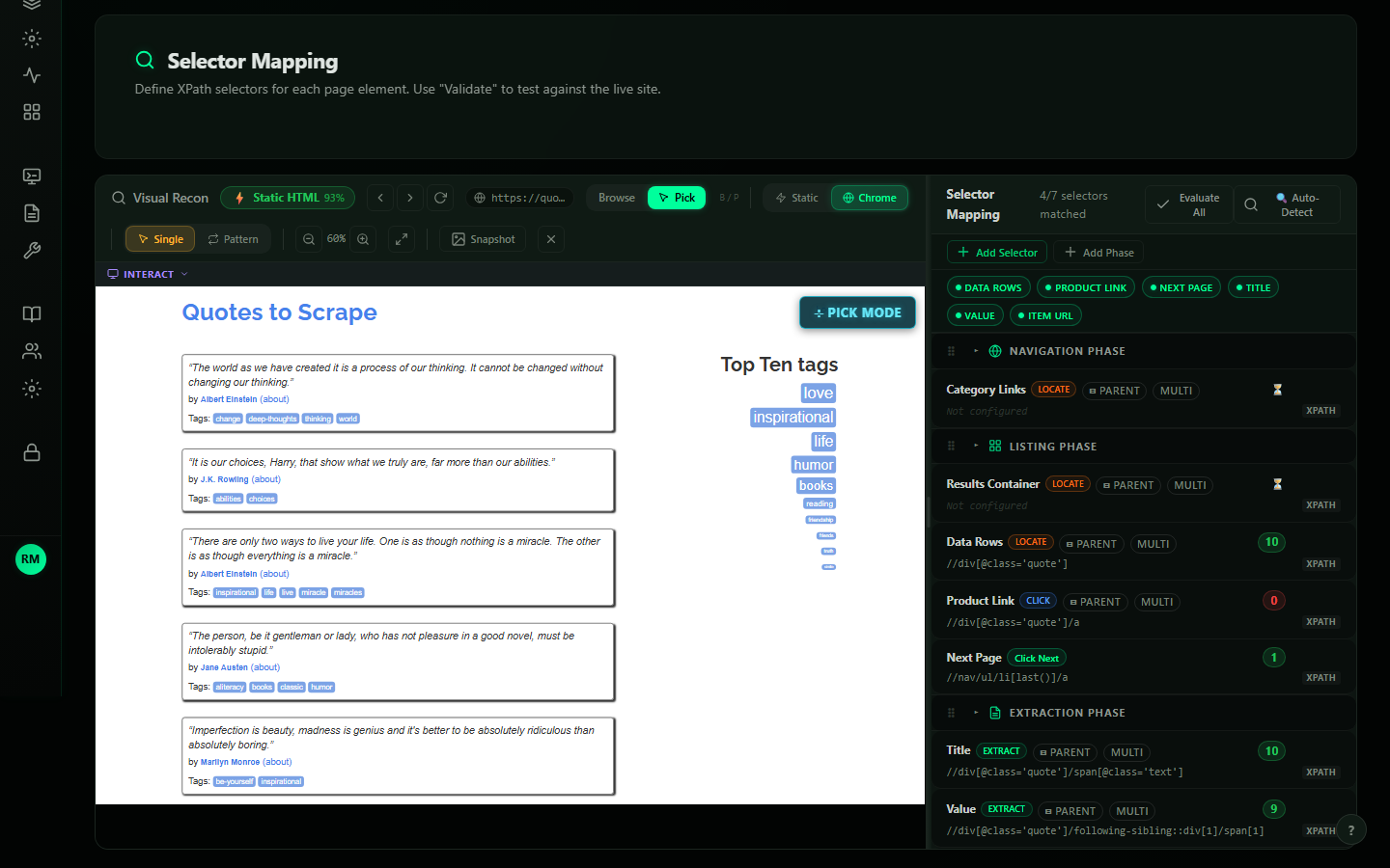 FleetForge Selector Mapping: quotes demo page beside selector roles grouped by phase, each with its XPath and a match count; one role shows zero matches.