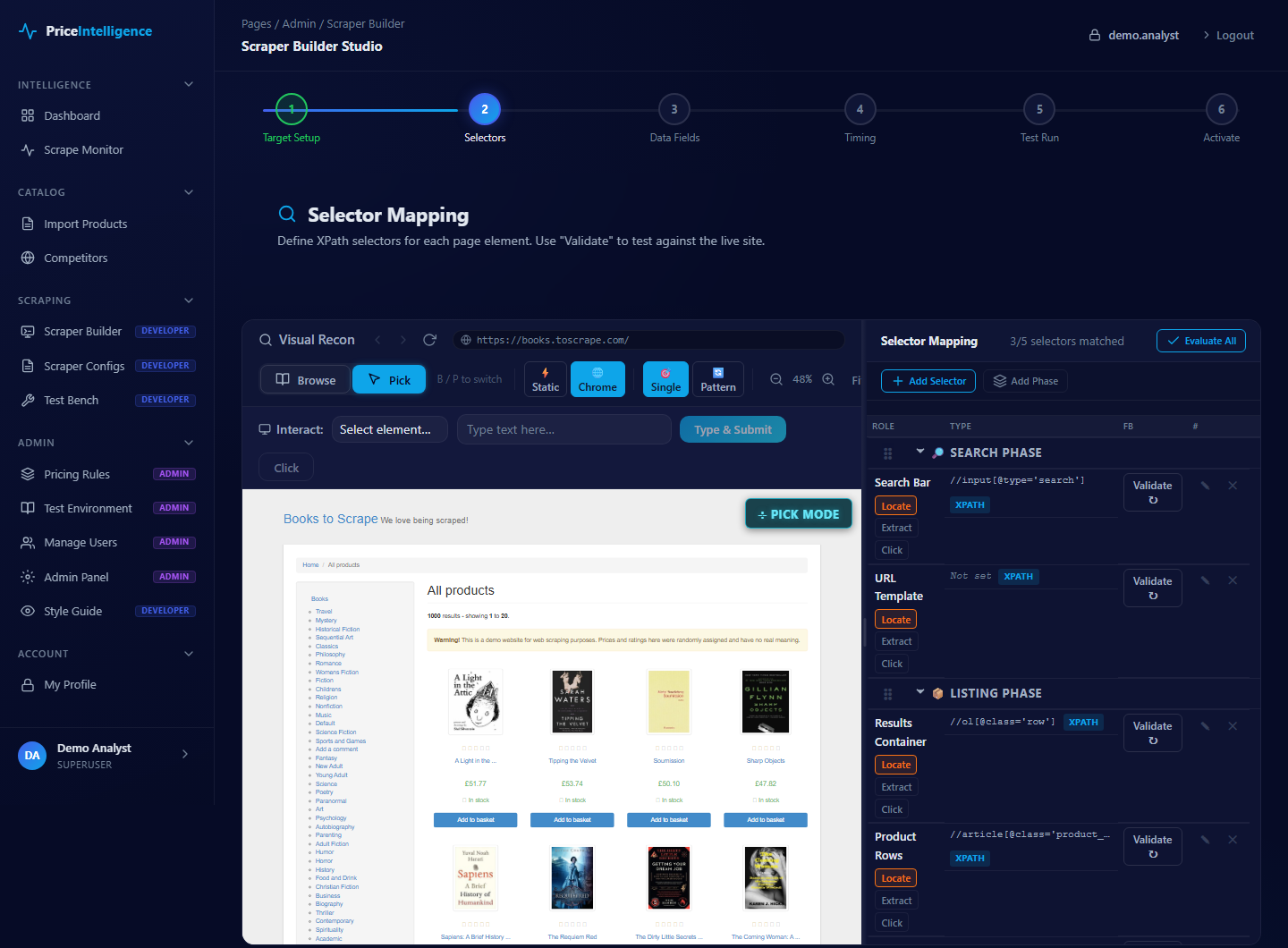 Scraper Builder Studio, step 2 Selectors: a public books demo site rendered in Visual Recon beside XPath selectors grouped by search and listing phase.